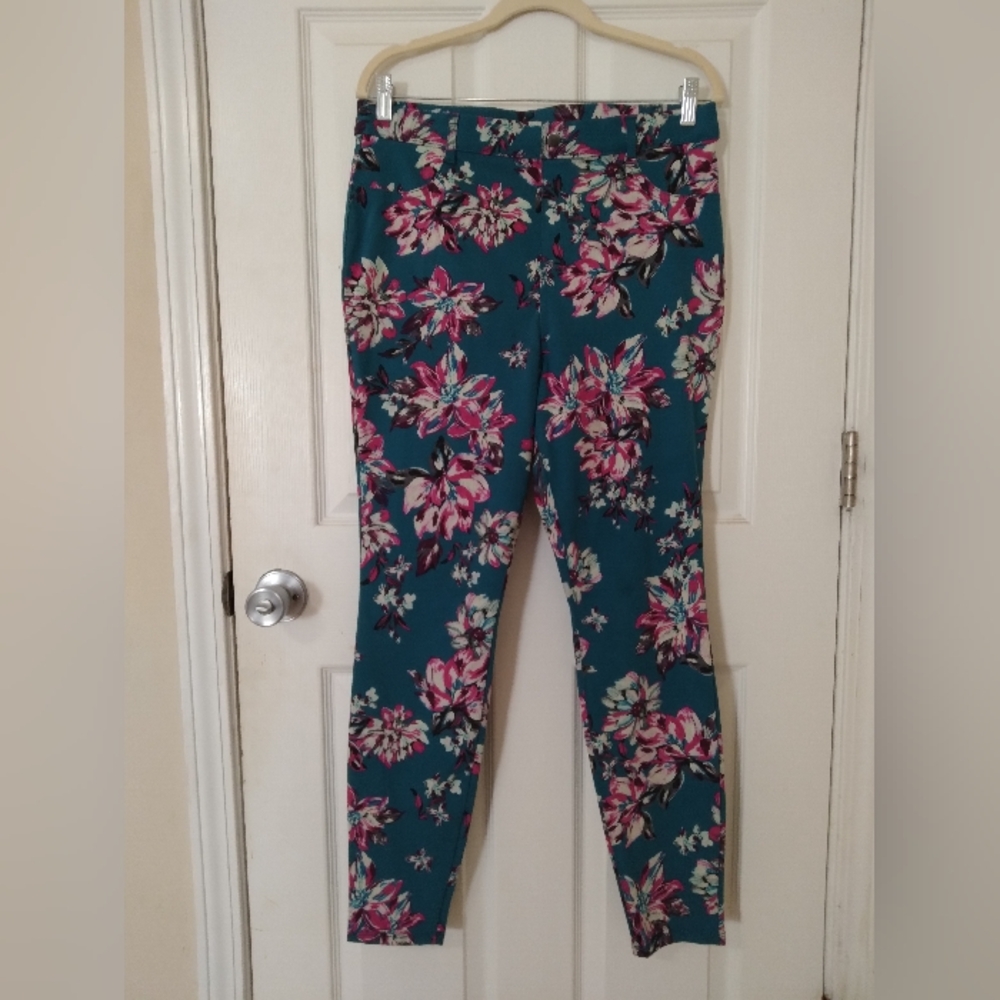TIME AND TRU Floral Stretch Teal Blue Jeggings Size Large